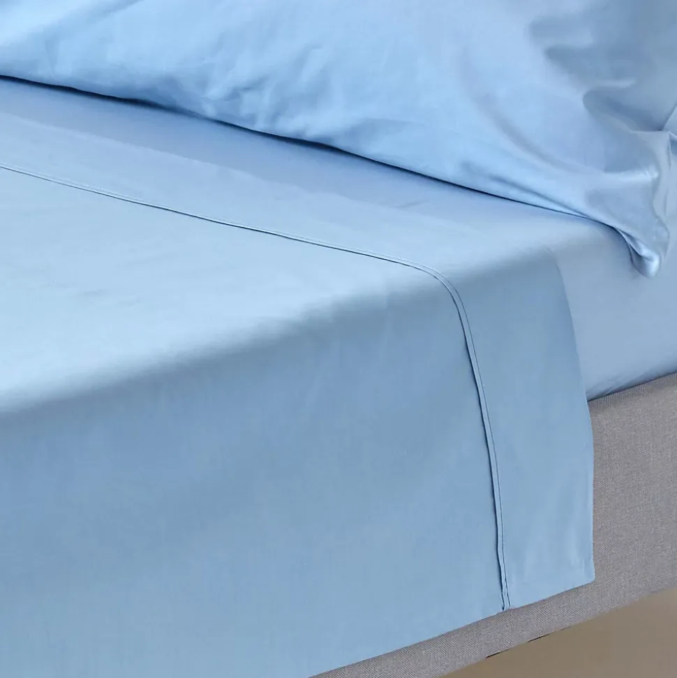 Drap plat uni 100 % coton égyptien 200 fils bleu, 240x300 cm - HOMESCAPES