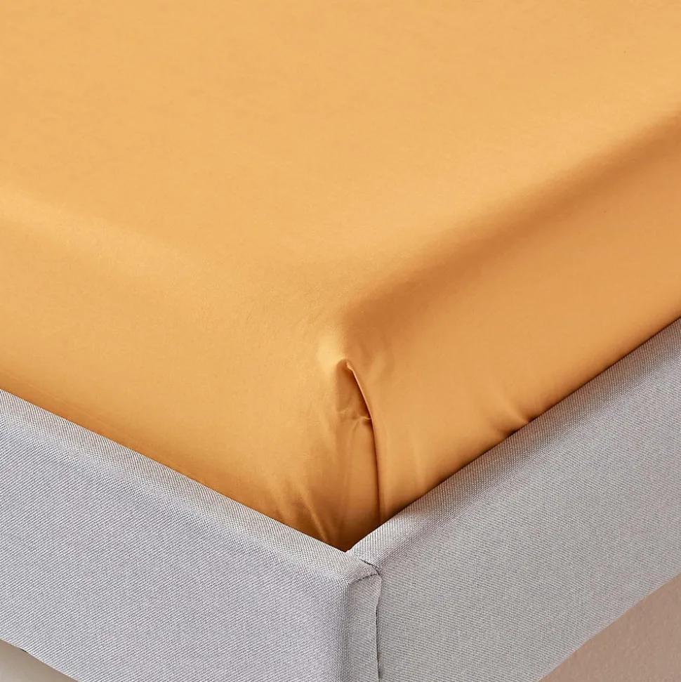 Drap plat uni 100 % coton égyptien 200 fils jaune moutarde, 240x300 cm - HOMESCAPES