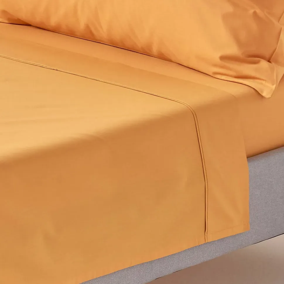 Drap plat uni 100 % coton égyptien 200 fils jaune moutarde, 240x300 cm - HOMESCAPES