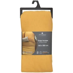 Drap-housse en coton - jaune moutarde - bonnet H30cm - 160x200 cm - Atmosphera