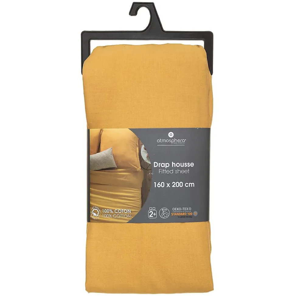 Drap-housse en coton - jaune moutarde - bonnet H30cm - 160x200 cm - Atmosphera