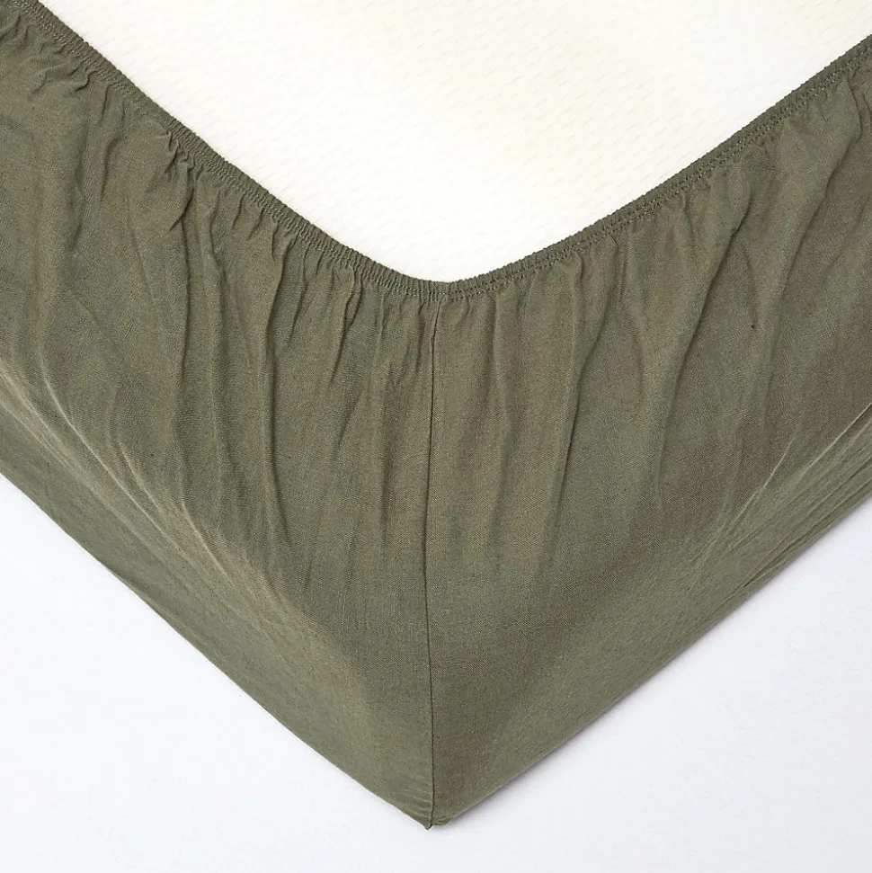 Drap-housse grand bonnet en lin lavé vert - 90 x 190 cm - HOMESCAPES