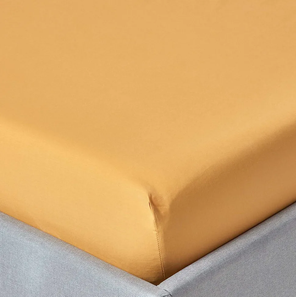 Drap-housse jaune moutarde 100% coton égyptien 200 fils 140 x 200 cm - HOMESCAPES