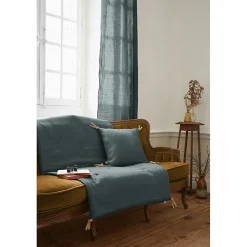 Édredon 90 x 200 cm lin lavé bleu avec 4 nouettes en jute - LUISA