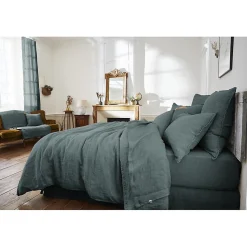 Édredon 150 x 150 cm lin lavé bleu avec 4 nouettes en jute - LUISA