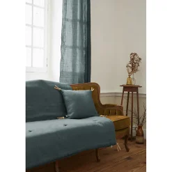 Édredon 150 x 150 cm lin lavé bleu avec 4 nouettes en jute - LUISA