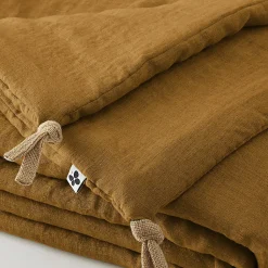 Édredon 90 x 200 cm lin lavé caramel avec 4 nouettes en jute - LUISA