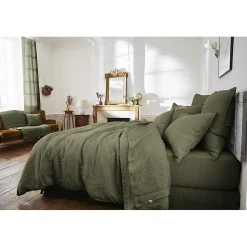 Édredon 150 x 150 cm lin lavé vert avec 4 nouettes en jute - LUISA