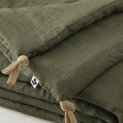 Édredon 90 x 200 cm lin lavé vert avec 4 nouettes en jute - LUISA