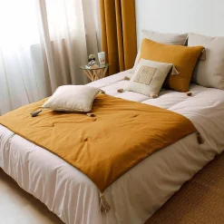 Édredon Panama 90x190 cm pompons jute moutarde