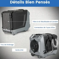 Déshumidificateur 85 L jour Déshumidificateur Mobile avec Dégivrage Automatique Minuterie 24H Tuyau de drainage Pompe Noir