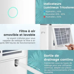 Déshumidificateur 25 L Jour Déshumidificateur électrique Minuterie 24H 2 Vitesses de Ventilation 2 Modes
