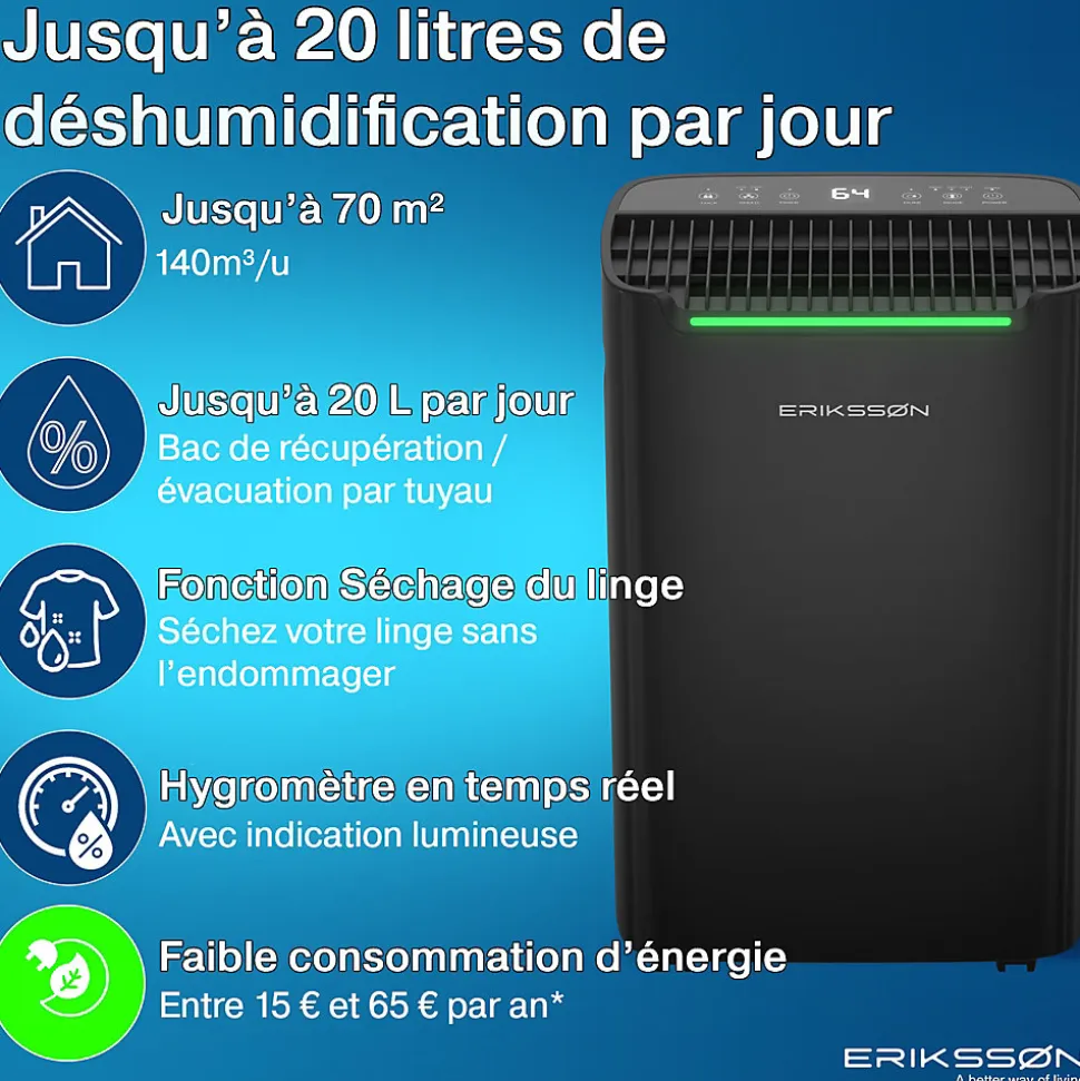 Déshumidificateur 20 litres adapté pour chambre salon cave Dehumidifier