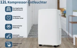 Déshumidificateur 12 L/jour pour 15 m², 3 en 1, Purificateur d'air et Sèche-linge, Réservoir 1,5 L, Timer 24 h, Écran LED