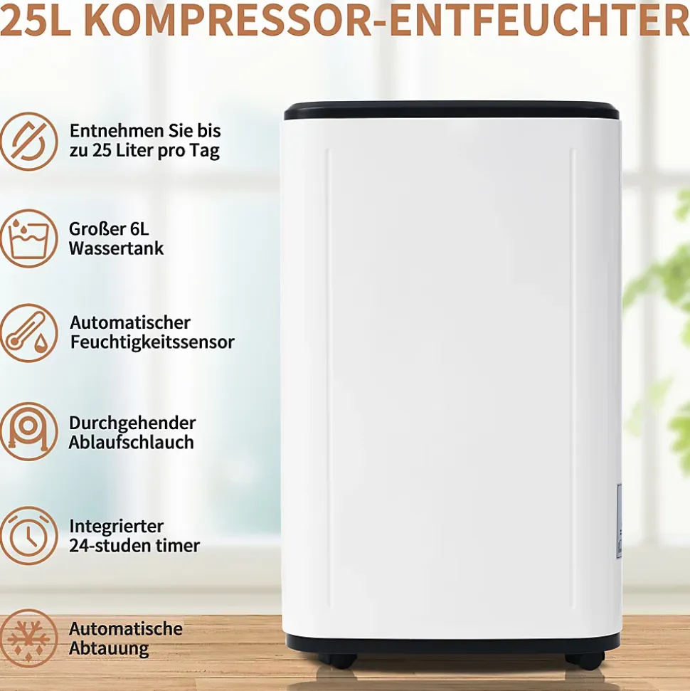 Déshumidificateur 25 L/jour pour 26 m², 3-en-1, séchage du linge, réservoir 6 L, minuterie 24 h, écran LED