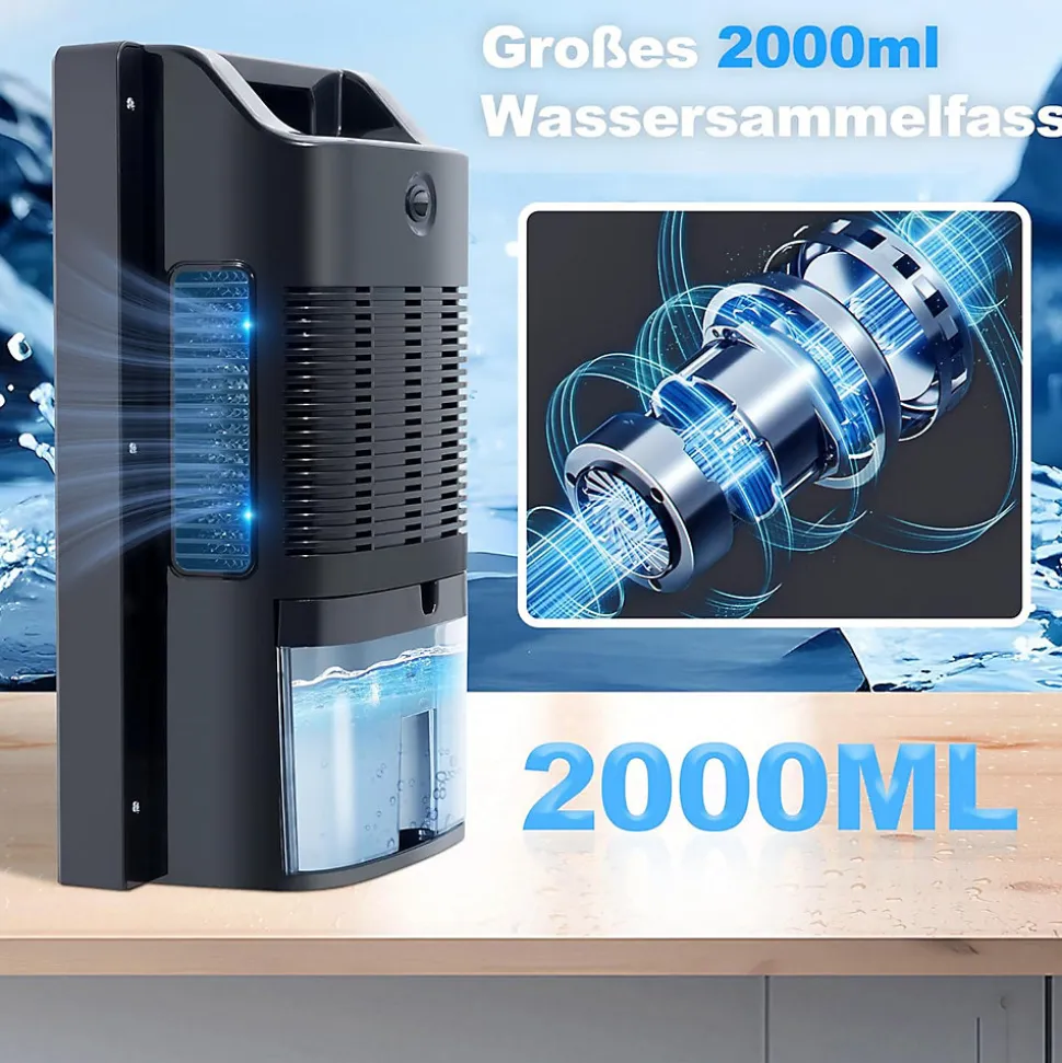 Déshumidificateur 2000 ml avec télécommande, minuterie 24 h, nettoyage UV et mode veille (noir)