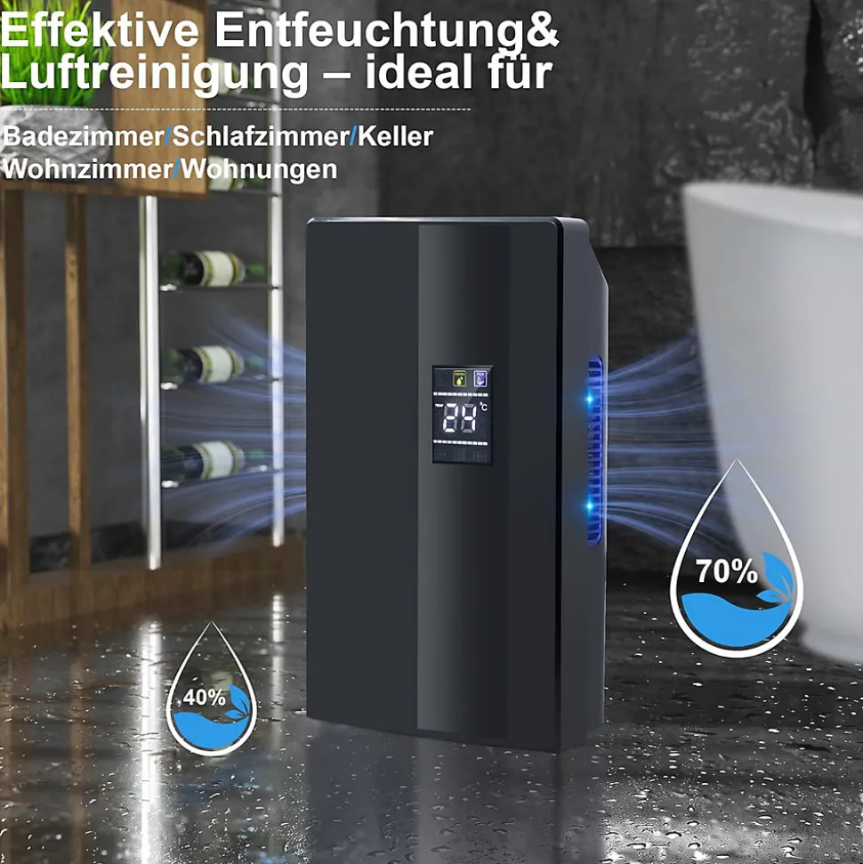 Déshumidificateur 2000 ml avec télécommande, minuterie 24 h, nettoyage UV et mode veille (noir)