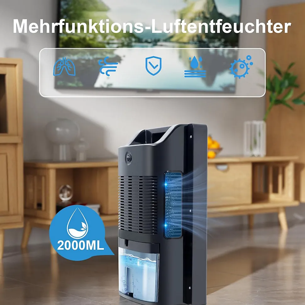 Déshumidificateur 2000 ml avec télécommande, minuterie 24 h, nettoyage UV et mode veille (noir)