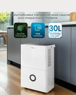 Déshumidificateur Compresseur Connecté 30L/jour avec Application Smartphone, Wi-Fi, Drainage continu