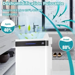Déshumidificateur d'air 28,5L/Jour, 4 Modes, Réservoir d'Eau 5,5L, Minuterie 0-24H, avec Roues pour Chambre, Salon 35m²