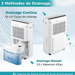 Déshumidificateur d'air 28,5L/Jour, 4 Modes, Réservoir d'Eau 5,5L, Minuterie 0-24H, avec Roues pour Chambre, Salon 35m²