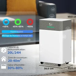 Déshumidificateur d'air 20L/jour mobile silencieux réservoir 4,5L timer 24H écran LED témoin d'humidité filtre lavable