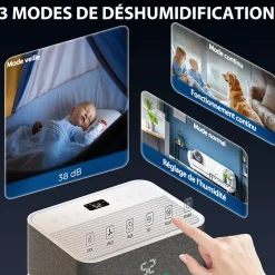 Déshumidificateur d'air 20L/jour mobile silencieux réservoir 4,5L timer 24H écran LED témoin d'humidité filtre lavable