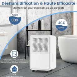 Déshumidificateur d'air 15L/Jour, Réservoir d'Eau 2,4L,avec 2 Vitesses, 4 Roulettes,pour Salon, Bureau, Salle de Bain