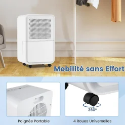 Déshumidificateur d'air 15L/Jour, Réservoir d'Eau 2,4L,avec 2 Vitesses, 4 Roulettes,pour Salon, Bureau, Salle de Bain