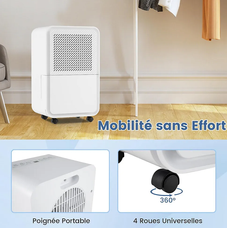 Déshumidificateur d'air 15L/Jour, Réservoir d'Eau 2,4L,avec 2 Vitesses, 4 Roulettes,pour Salon, Bureau, Salle de Bain
