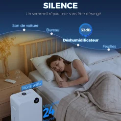 Déshumidificateur d'air 12L/jour mobile silencieux réservoir 2,1L timer 24H écran LED témoin d'humidité filtre lavable