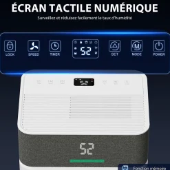 Déshumidificateur d'air 12L/jour mobile silencieux réservoir 2,1L timer 24H écran LED témoin d'humidité filtre lavable