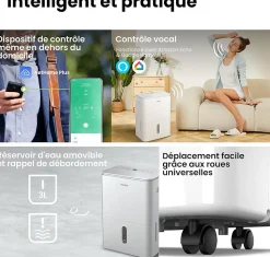 Déshumidificateur 2EN1,Elimine l'humidité jusqu'à 20LJour, Purification d'air avec ioniseur, 4 Modes, Fonction Air Swing