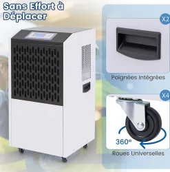 Déshumidificateur Industriel1300W,118L, Contrôle Humidité,avec 4 Roues, Minuterie 0-24H, pour Entrepôts et Caves