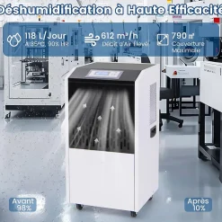 Déshumidificateur Industriel1300W,118L, Contrôle Humidité,avec 4 Roues, Minuterie 0-24H, pour Entrepôts et Caves