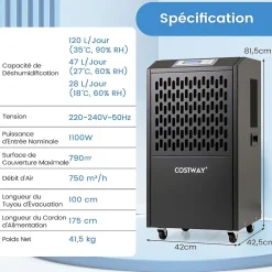 Déshumidificateur Industriel1300W,118L/Jour, Contrôle Humidité,avec 4 Roues,Minuterie 0-24H,pour Entrepôts et Caves 790 m² (Noir)