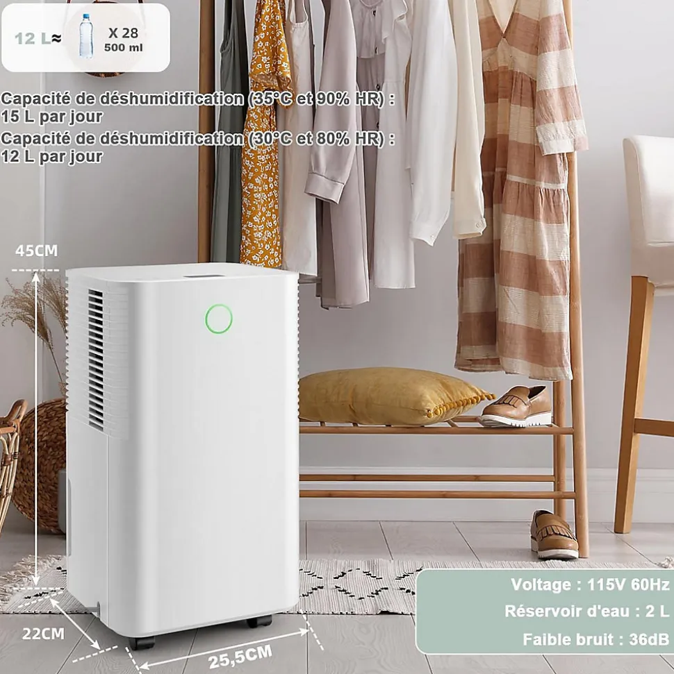 Déshumidificateur électrique 15L/Jour, 3 Modes, Minuterie 24H, 2 Vitesses du Vent, Réservoir d'Eau 2L, Blanc
