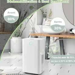 Déshumidificateur électrique 15L/Jour, 3 Modes, Minuterie 24H, 2 Vitesses du Vent, Réservoir d'Eau 2L, Blanc