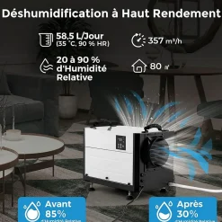 Déshumidificateur 58,5L/Jour, 2 Méthodes Drainage, 24 Minuterie, 2 Modes, Panneau de Contrôle ,Blanc