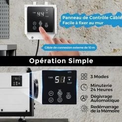 Déshumidificateur 58,5L/Jour, 2 Méthodes Drainage, 24 Minuterie, 2 Modes, Panneau de Contrôle ,Blanc