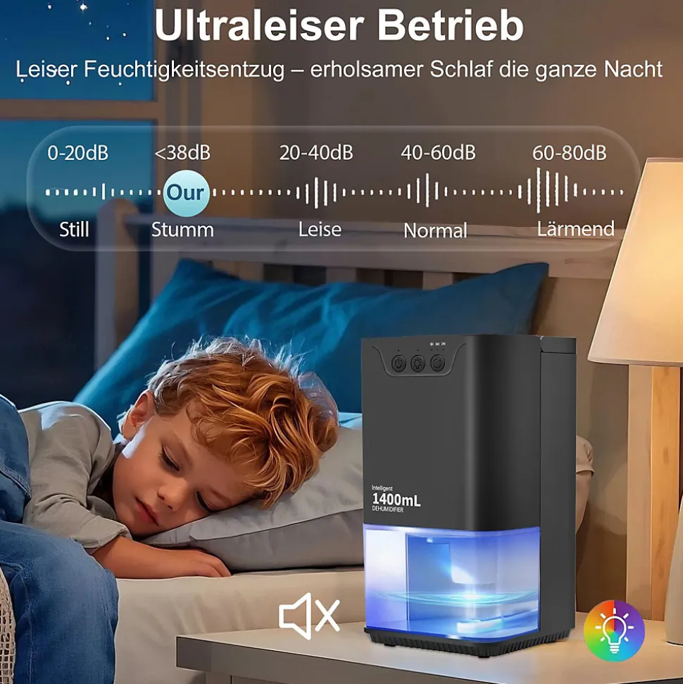 Déshumidificateur NETTLIFE 1400 ml avec minuterie et d'ambiance (noir)