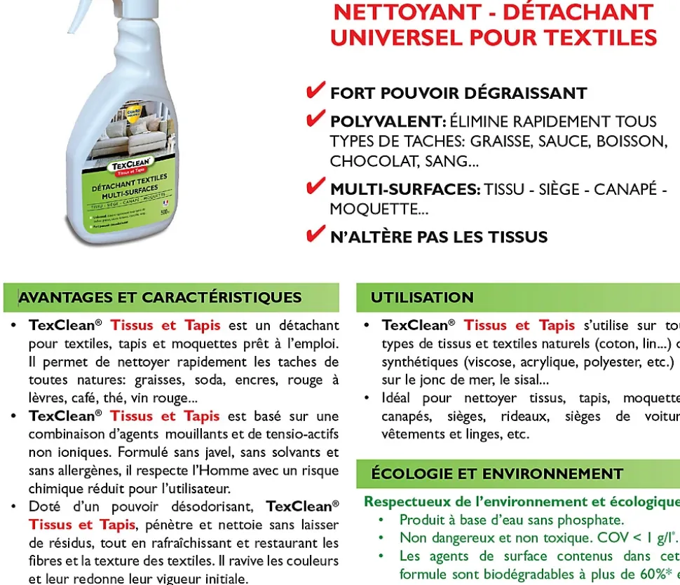 Détachant tissu TexClean 500ml Tissu Matelas Canapé et Tapis Détachant et Nettoyant Professionnel