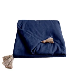 Edredon Panama avec pompons en jute (90x190 cm - Bleu Marine)