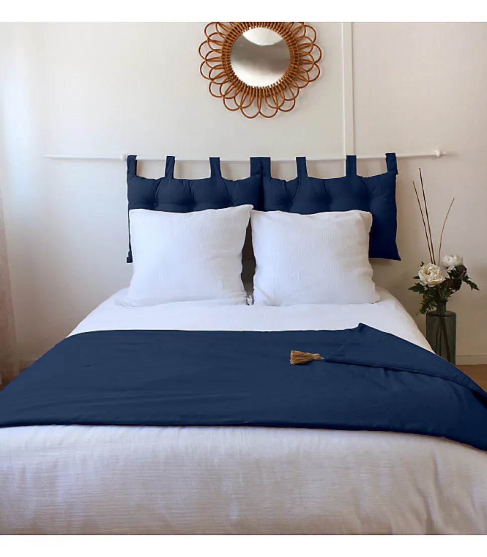 Edredon Panama avec pompons en jute (90x190 cm - Bleu Marine)