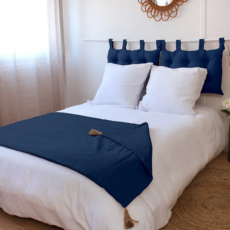 Edredon Panama avec pompons en jute (90x190 cm - Bleu Marine)