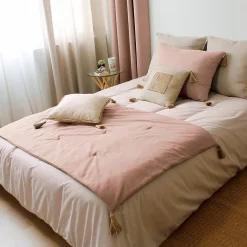 Edredon Panama avec pompons en jute (90x190 cm - Vieux rose)