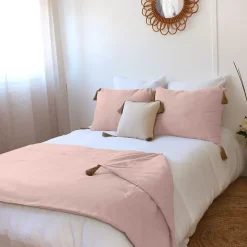 Edredon Panama avec pompons en jute (90x190 cm - Vieux rose)