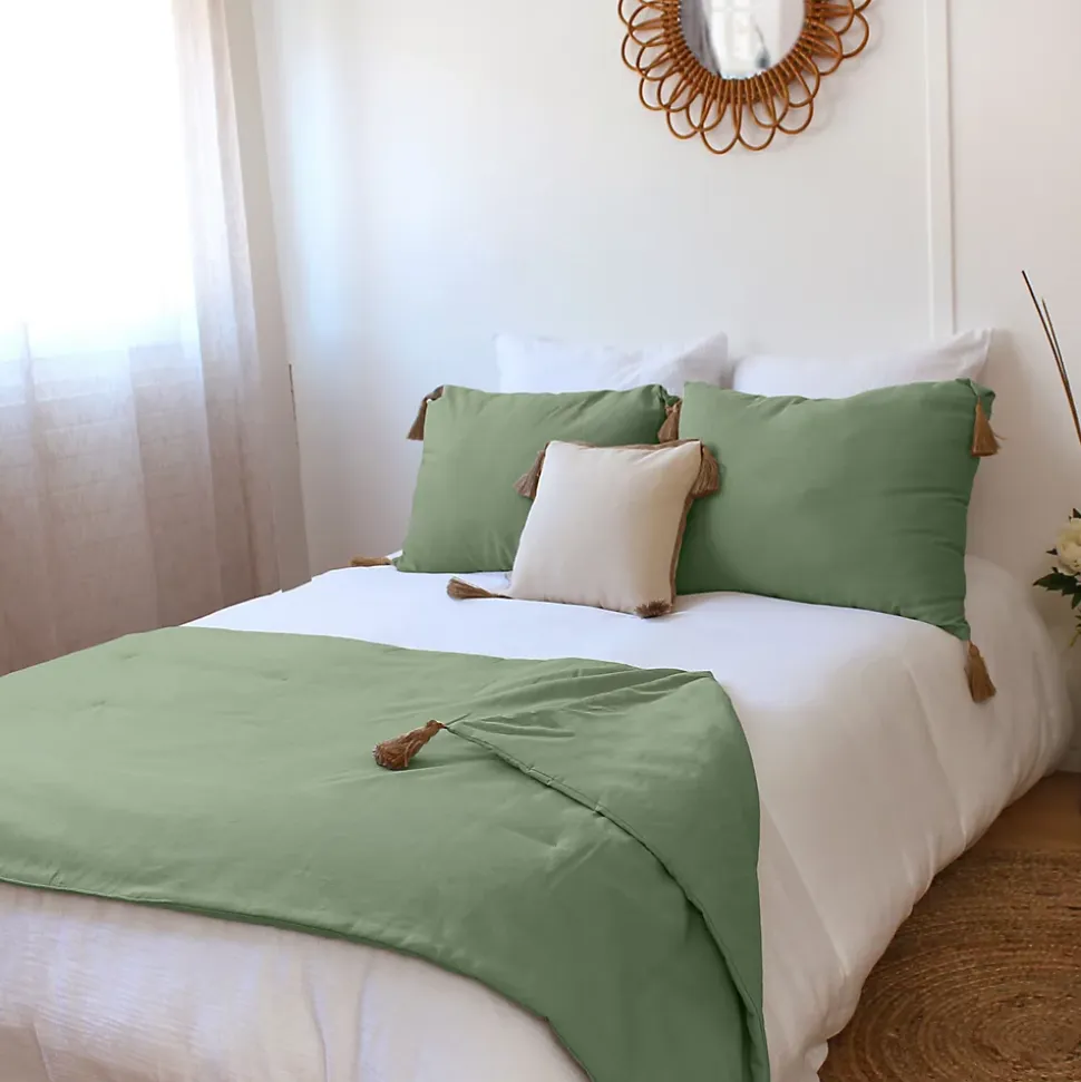 Edredon Panama avec pompons en jute (90x190 cm - Vert)