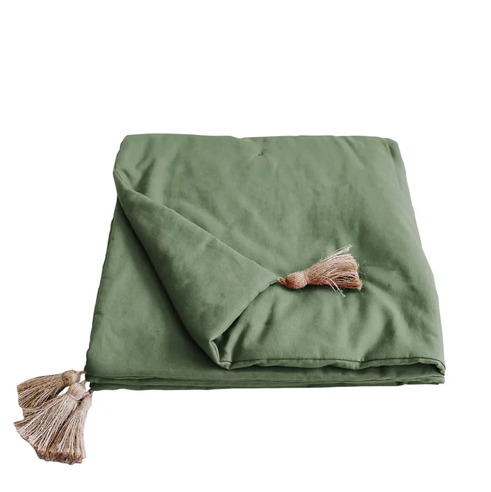 Edredon Panama avec pompons en jute (90x190 cm - Vert)