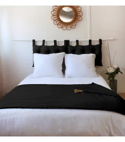 Edredon Panama avec pompons en jute (90x190 cm - Noir)